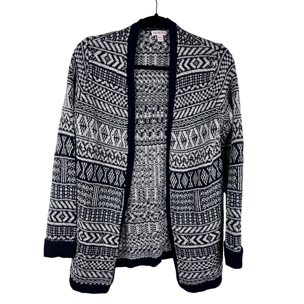 Merona XS Black White Aztec Tribal Open Front Cardigan Sweater Boho Knit